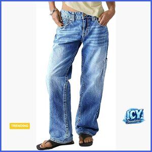 Mid Rise Straight Leg Jeans Multi Pocket Stretchy Baggy Boyfriend Fit